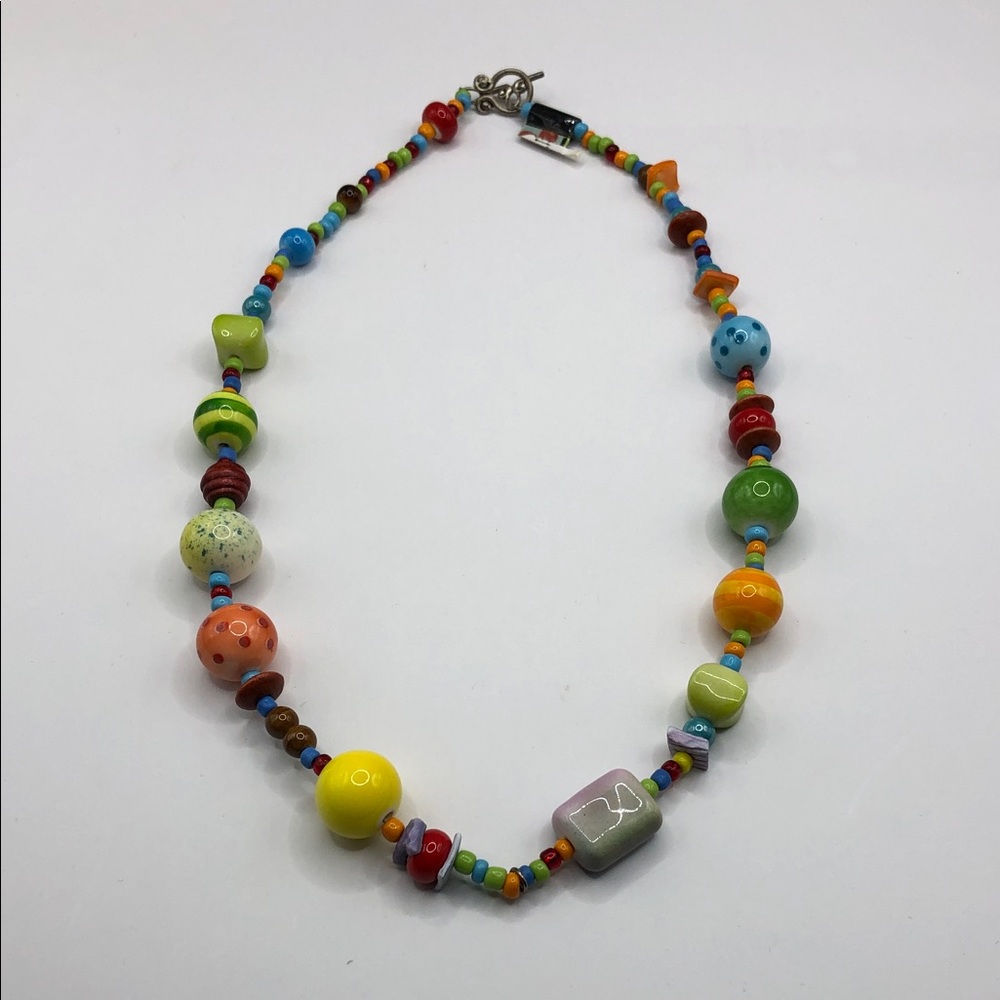 Colorful vibrant ceramic bead boho festival statement fun necklace toggle clasp.